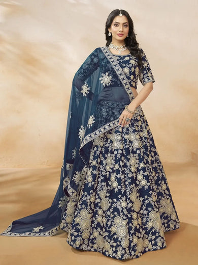 Attractive Blue Silk Embroidered Lehenga Choli With Dupatta - Ethnic Plus In